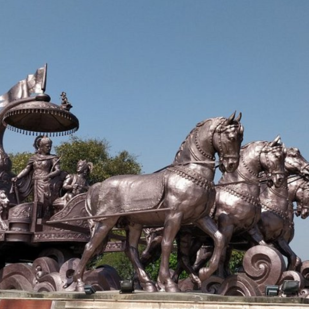 Black chariot of Lord Krishna and Arjuna from Mahabharata in Kurukshetra